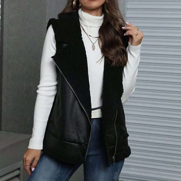 Black Casual Women's Zip Up Teddy Lined Sleeveless Vest Jacket - Picture 3 of 4